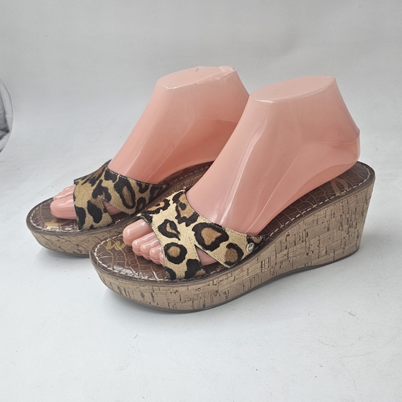 Sam Edelman Reid Leopard Calf Hair Cork Wedge Slide Sandals Platform Size 8 - Picture 2 of 10